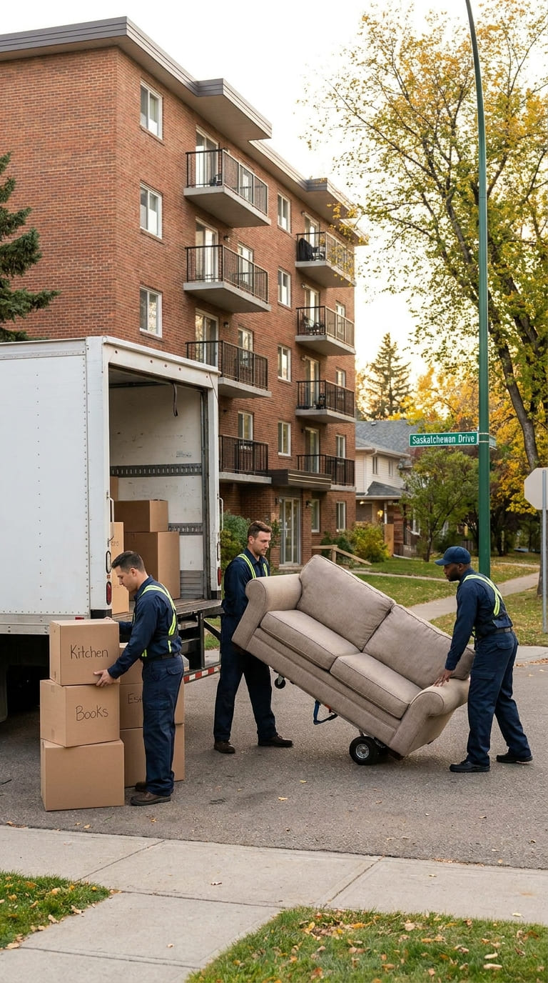 Apartment moving process in Edmonton with professional movers loading furniture