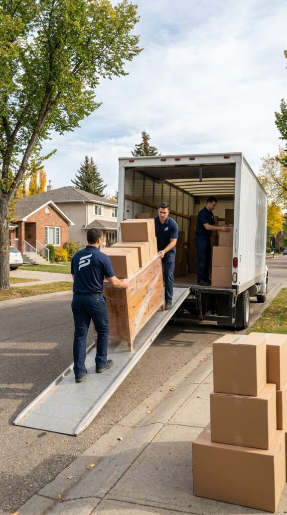 Local movers in Edmonton loading furniture into moving truck