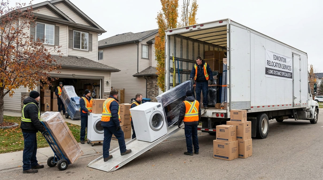 Long distance movers in Edmonton transporting furniture, appliances, and household belongings