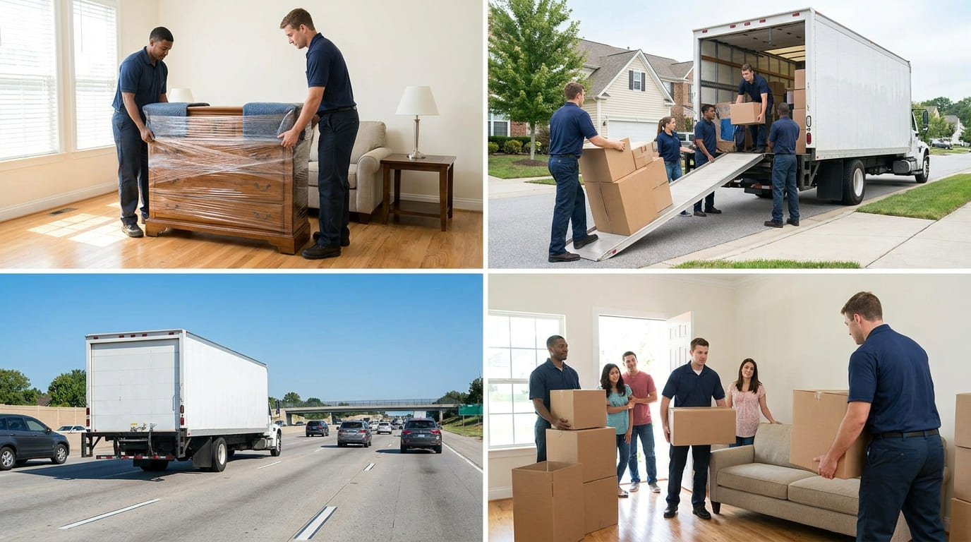 Long distance moving process in Edmonton with professional movers loading and transporting furniture